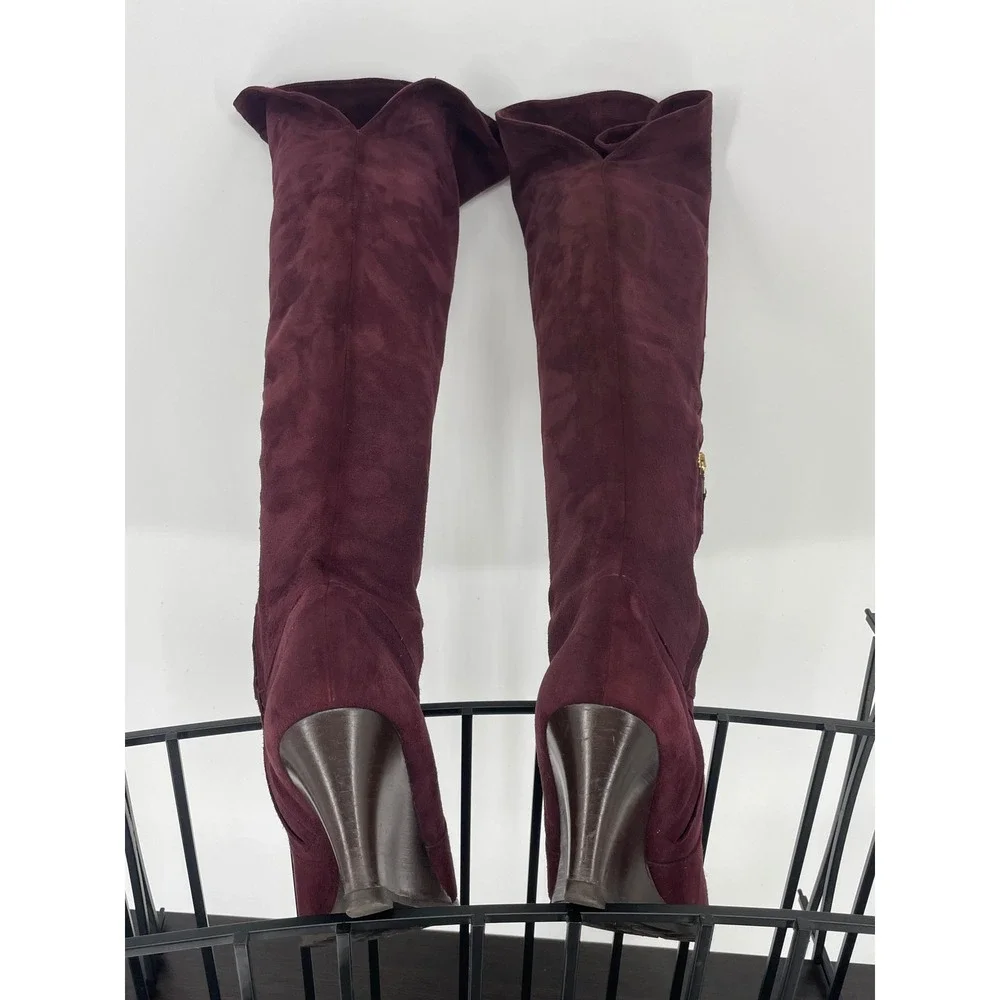 LK Bennett Plum Suede Over Knee Boots sz 39 8.5 Italian Leather Lined Wedge Heel